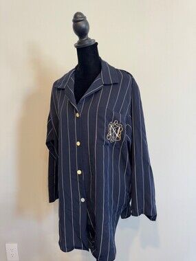 NATORI Neiman Marcus Sleepshirt Embroidered Logo Vintage Size Petite Navy Blue